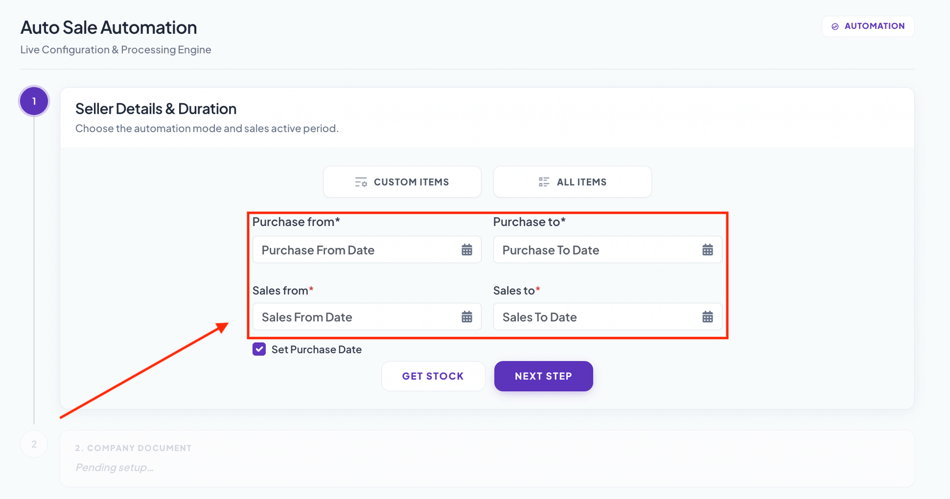 Step 3: Click on Set Purchase Date Checkbox