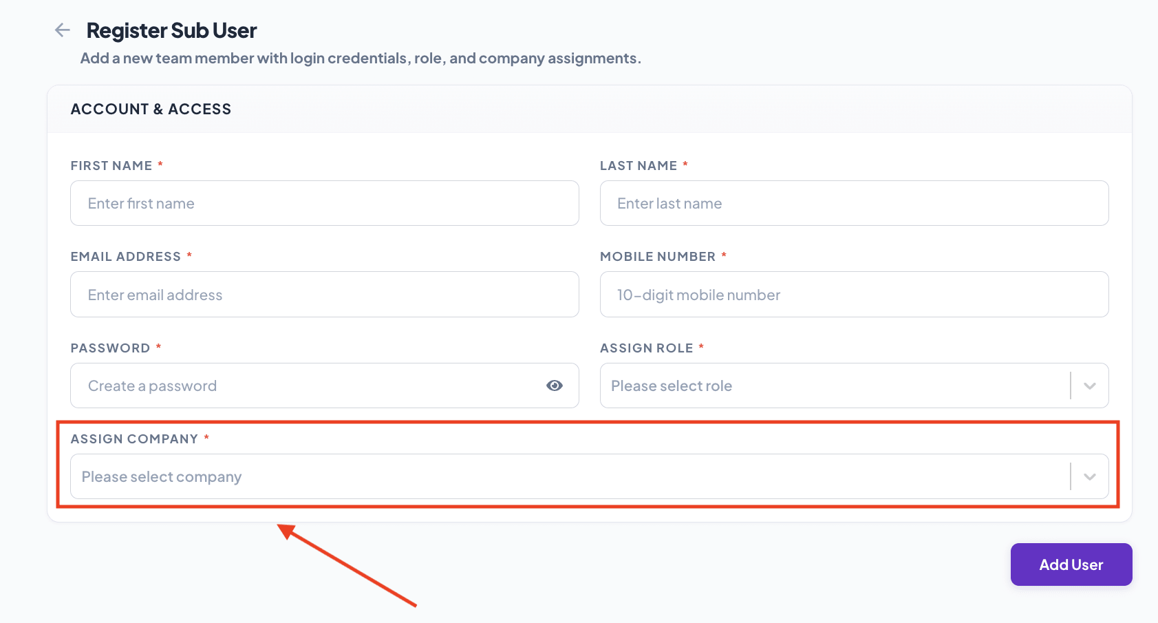 Company selection interface
