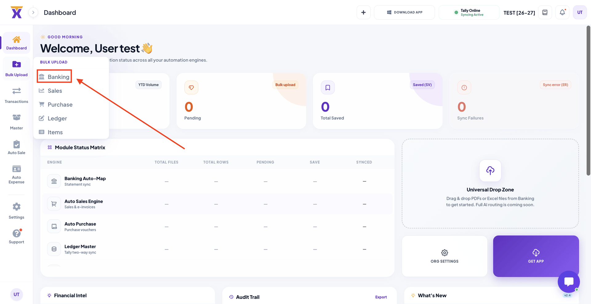 Navigation to bulk upload banking section
