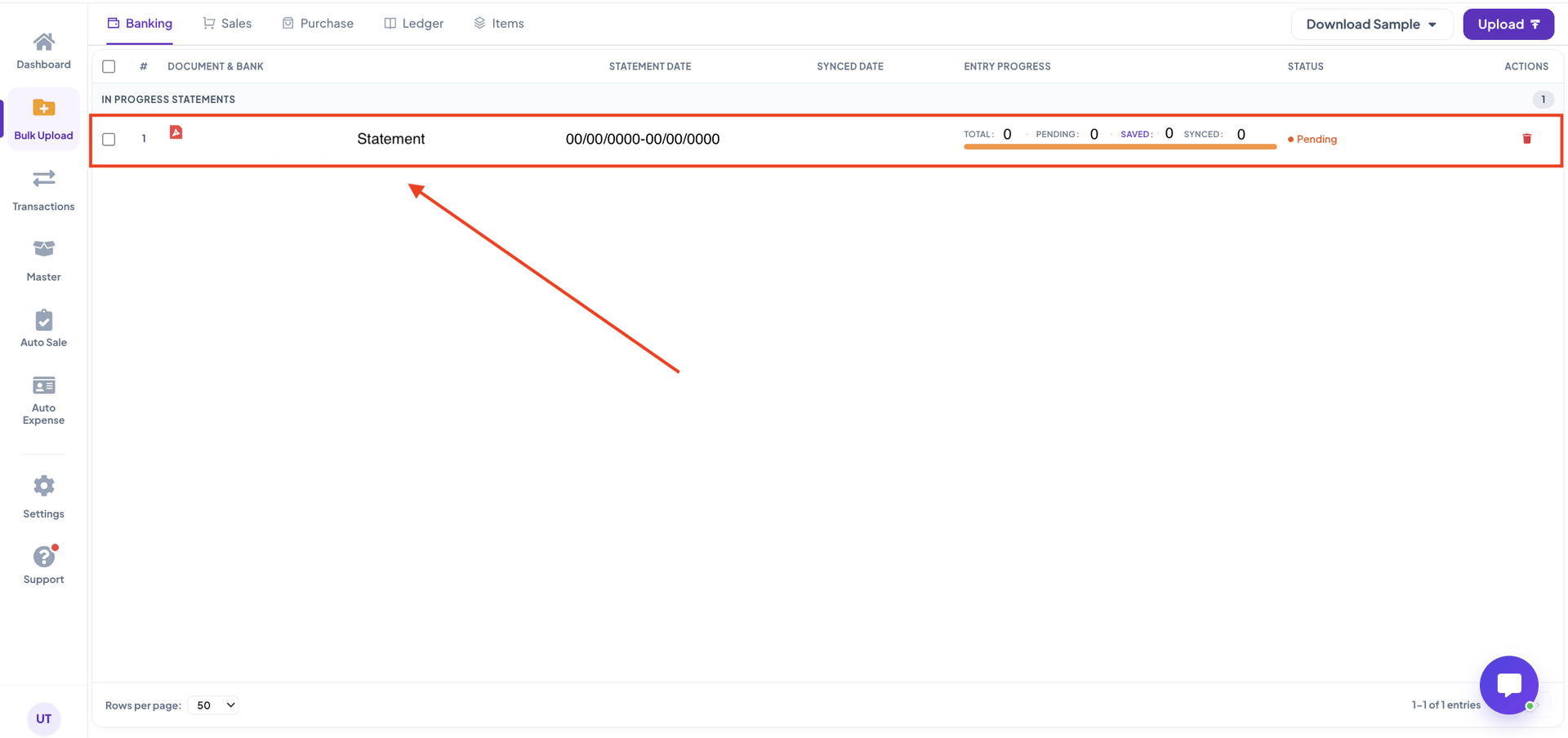 Banking module entry view
