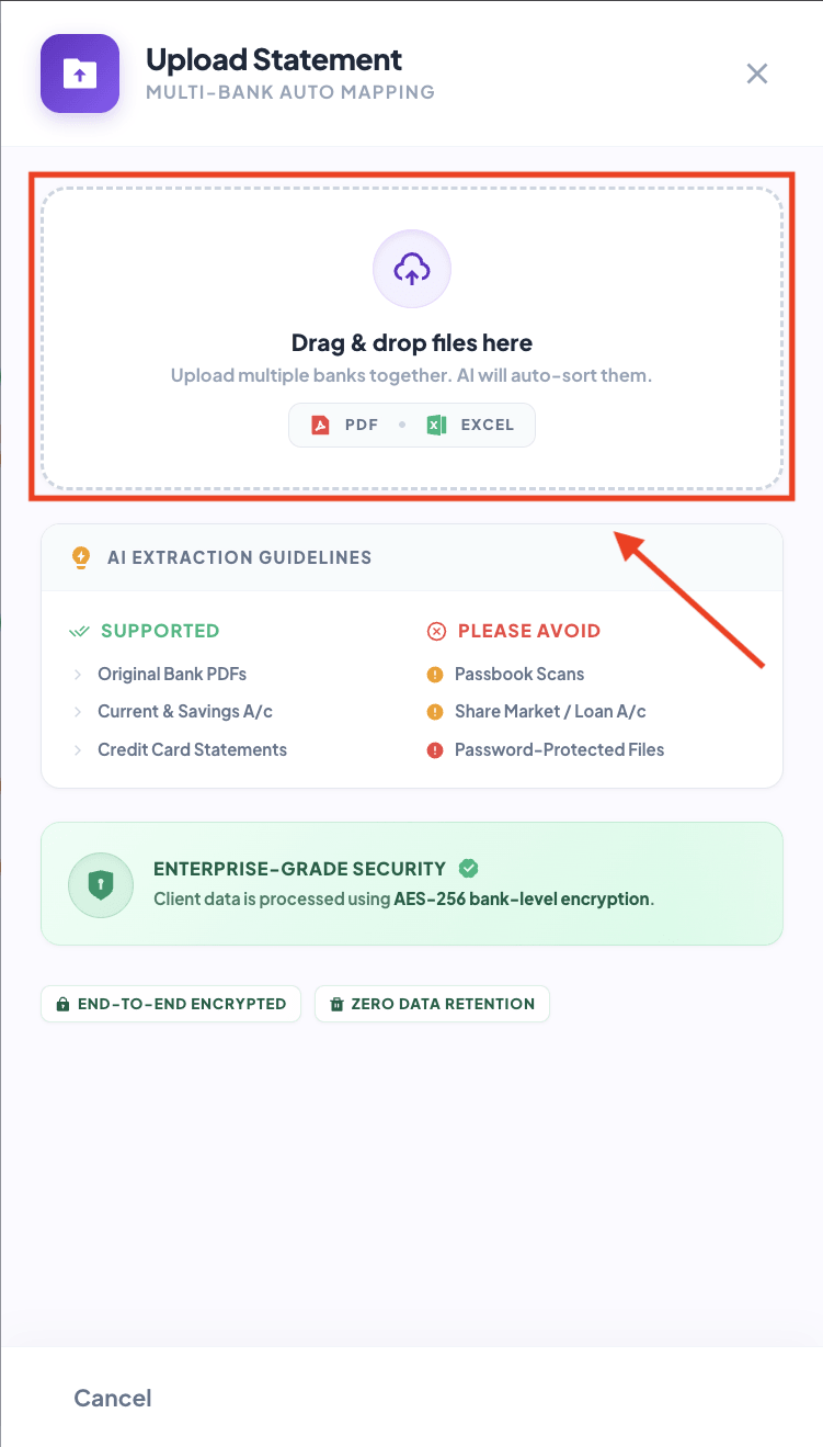 Upload button and bank selection interface