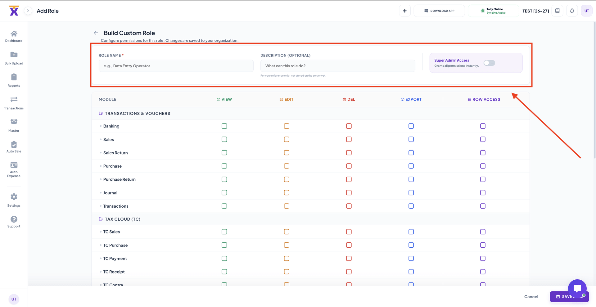 Role name and permissions configuration