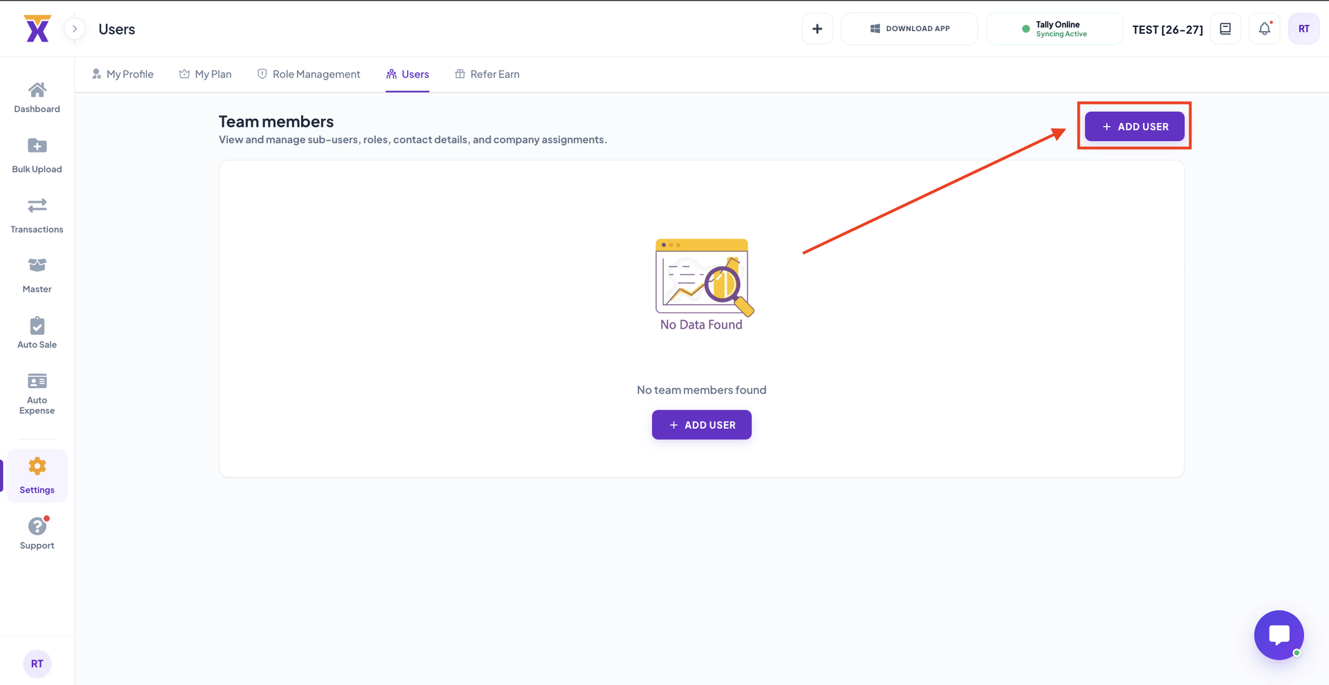 Add User button interface