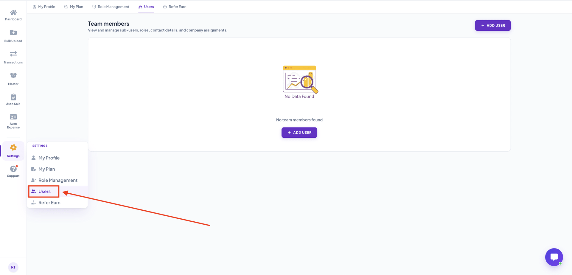 User Management dashboard interface